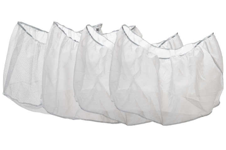 White mesh and non-woven fabric bud trimmer covers with gray elasticized tops and bottoms.
