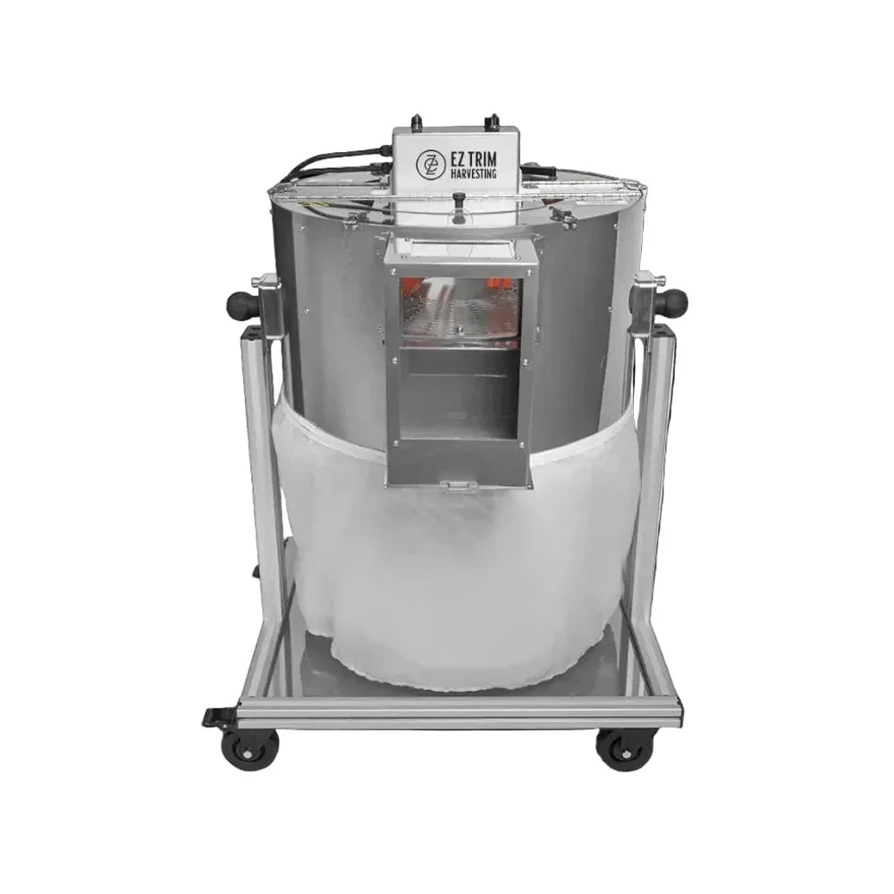 EZ Trim Satellite harvesting machine with a clear window and white collection bag.