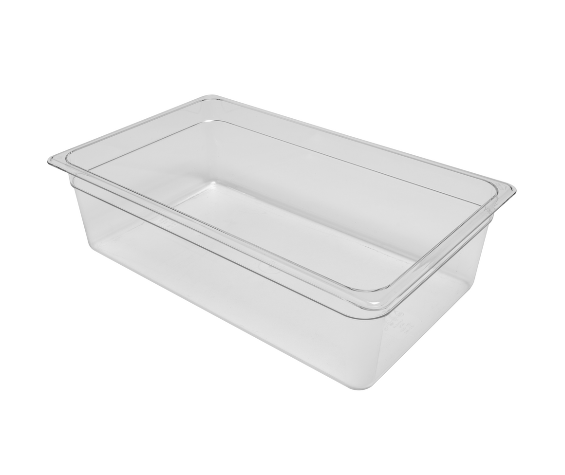 A clear, rectangular, food-grade plastic container with rounded corners sits on a white background.