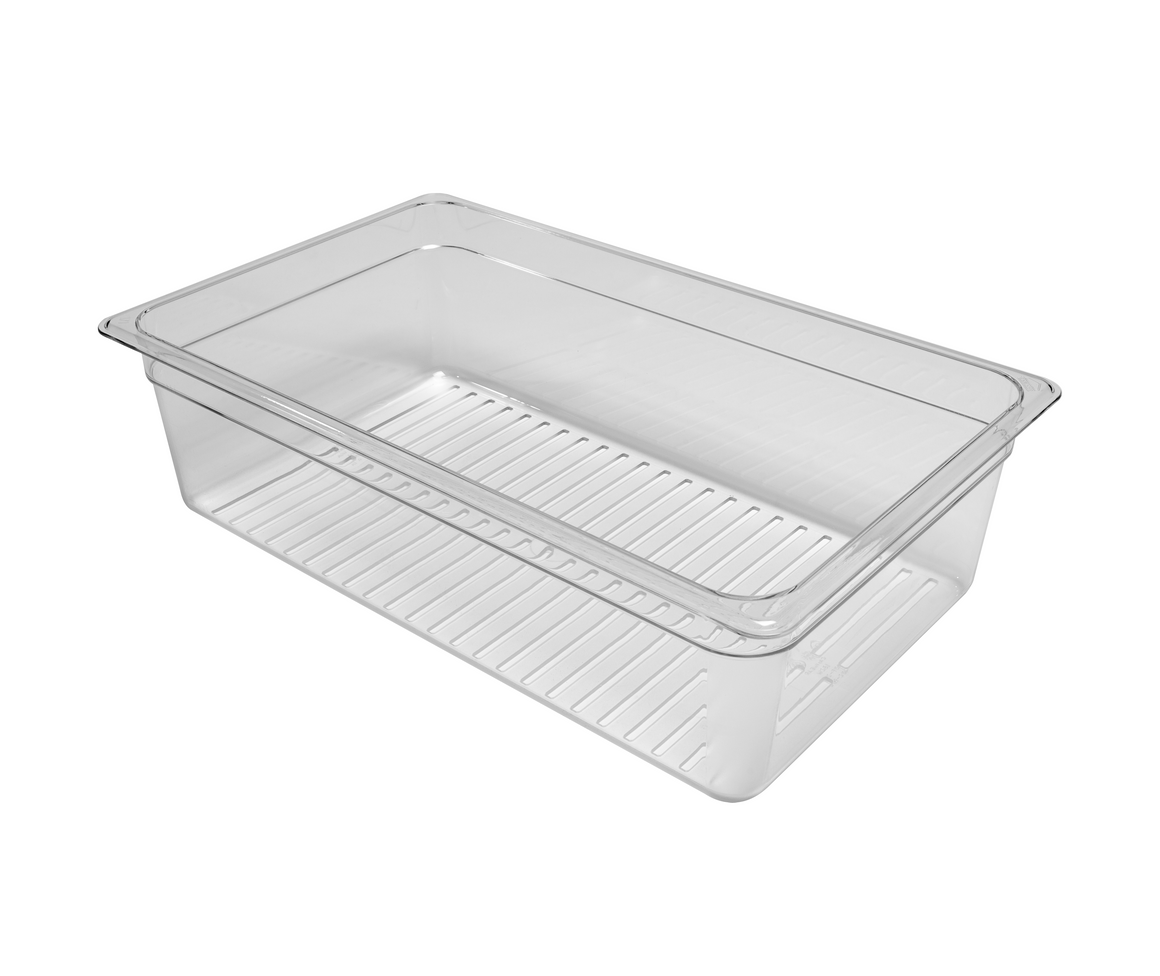 Transparent rectangular food storage container with ridged bottom, on white background.