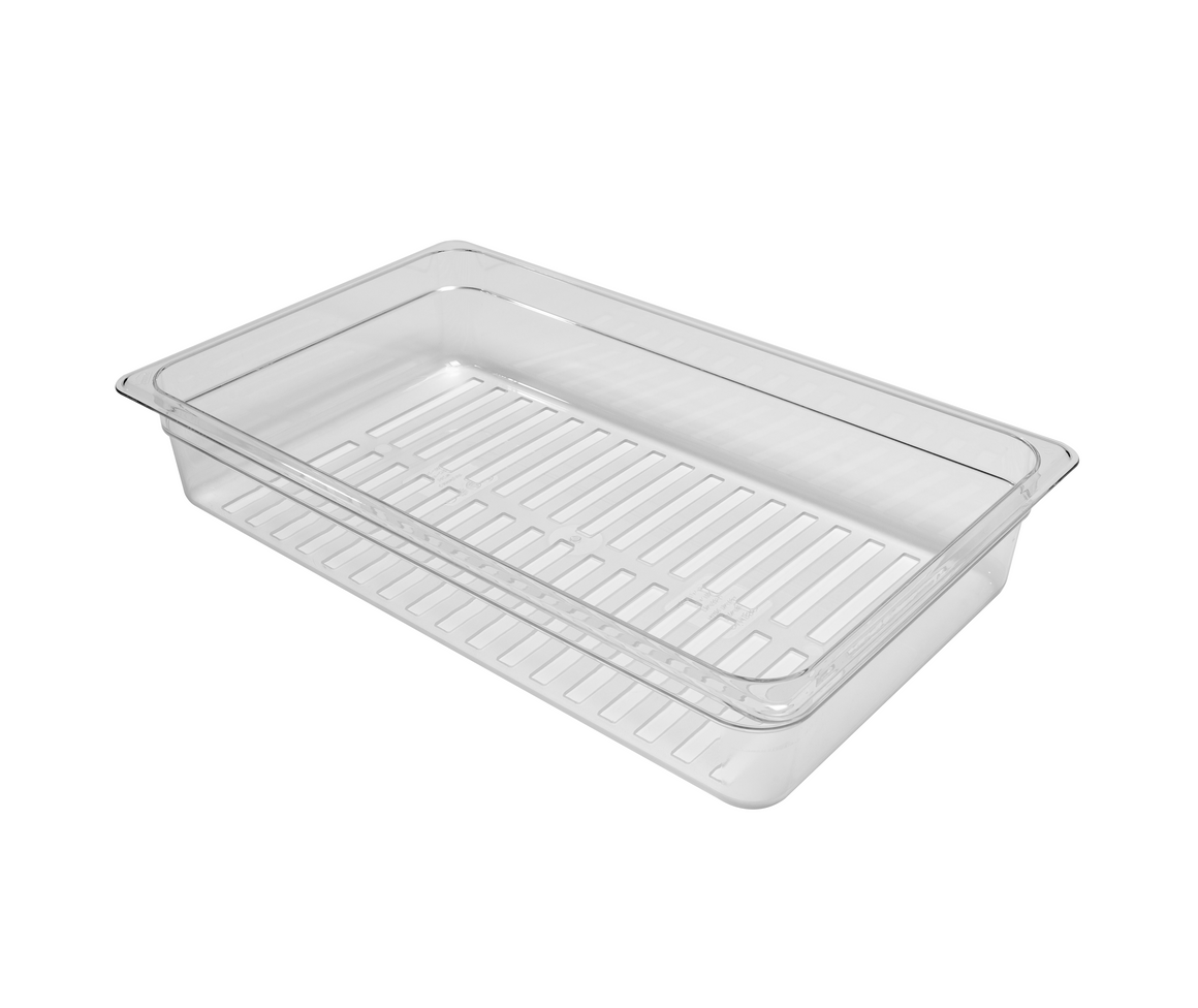 Clear plastic food pan with a slotted interior rack, isolated on a white background.