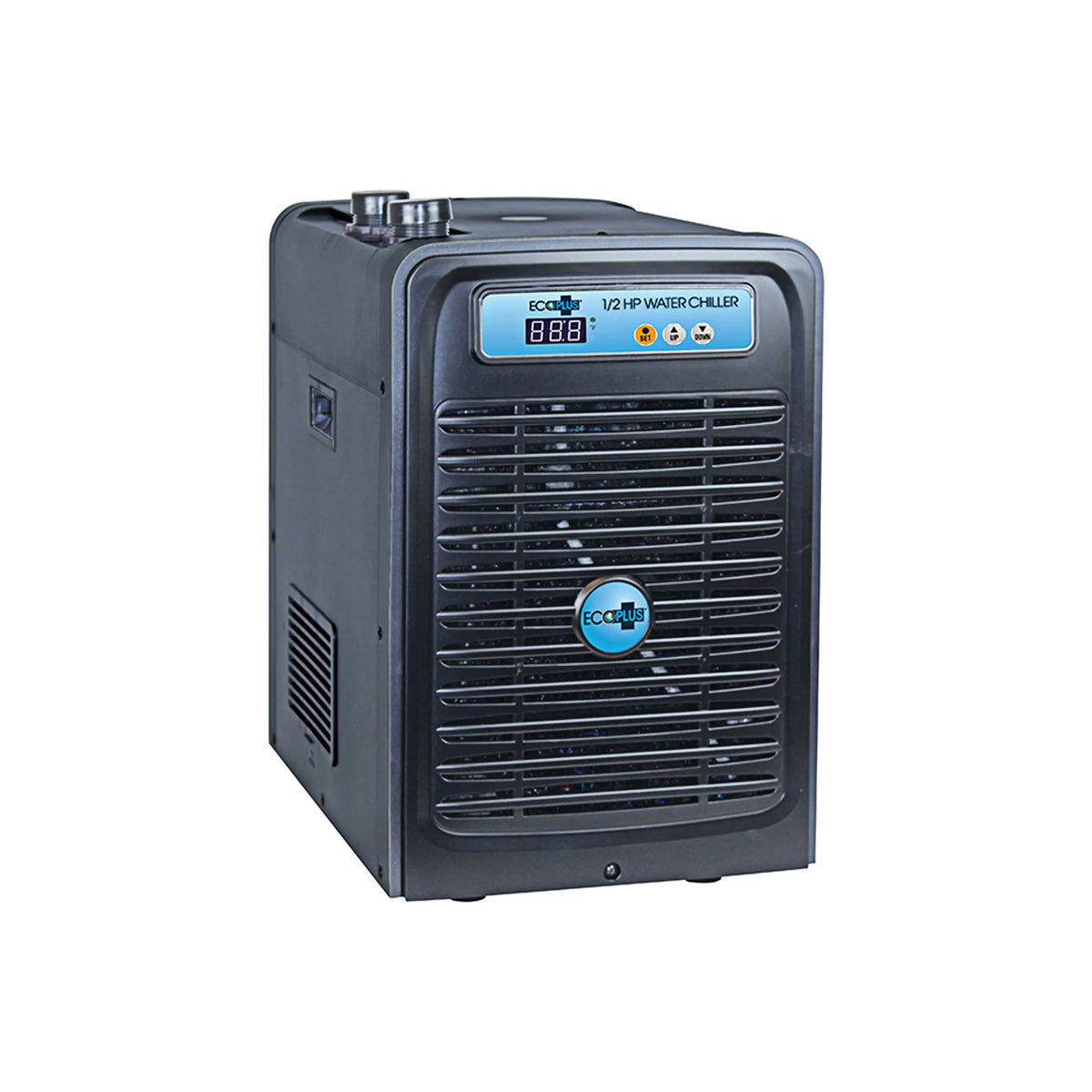Black EcoPlus 1/2 HP water chiller with blue digital display and cooling fins.