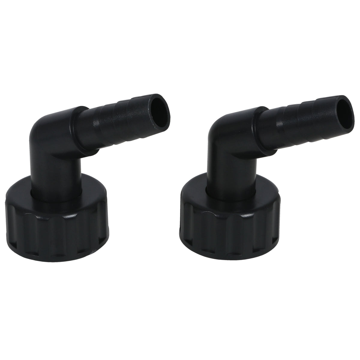 Two black 90-degree hose barb fittings with threaded bases for plumbing a chiller.