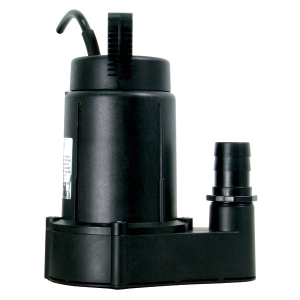 EcoPlus 1500 Elite submersible pump: black plastic, discharge nozzle, handle, power cord.