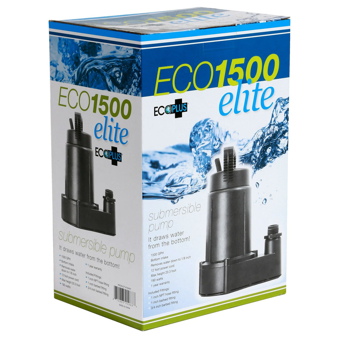 EcoPlus 1500 Elite submersible pump box, showing pump and specs.