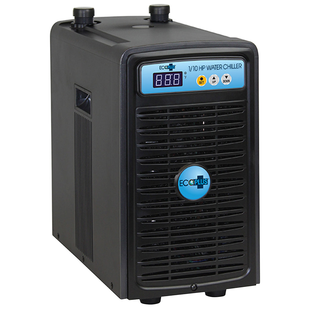 EcoPlus 1/10 HP water chiller with digital display and black grille.