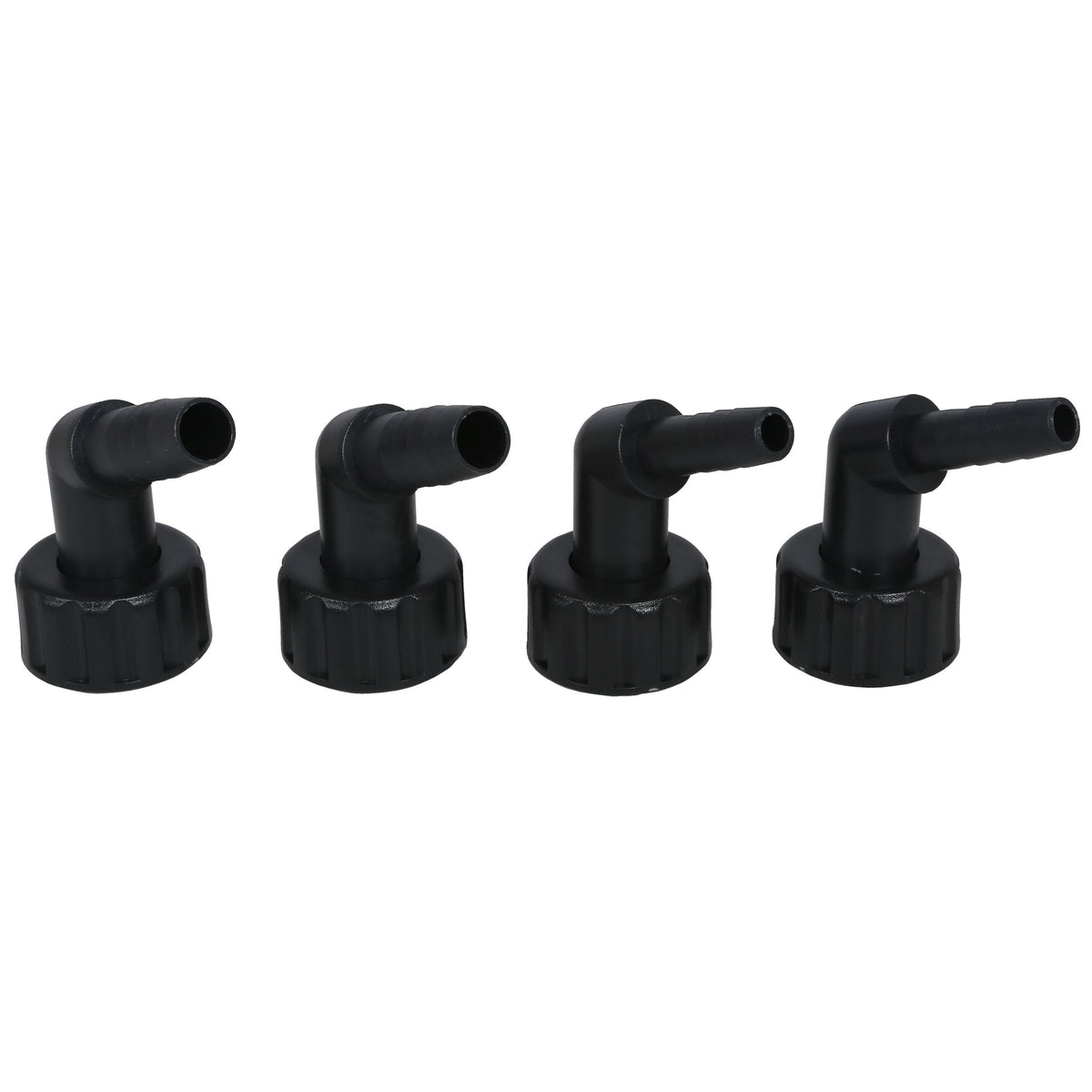 Four black elbow fittings with threaded bases and barbed hose connectors, on white background.