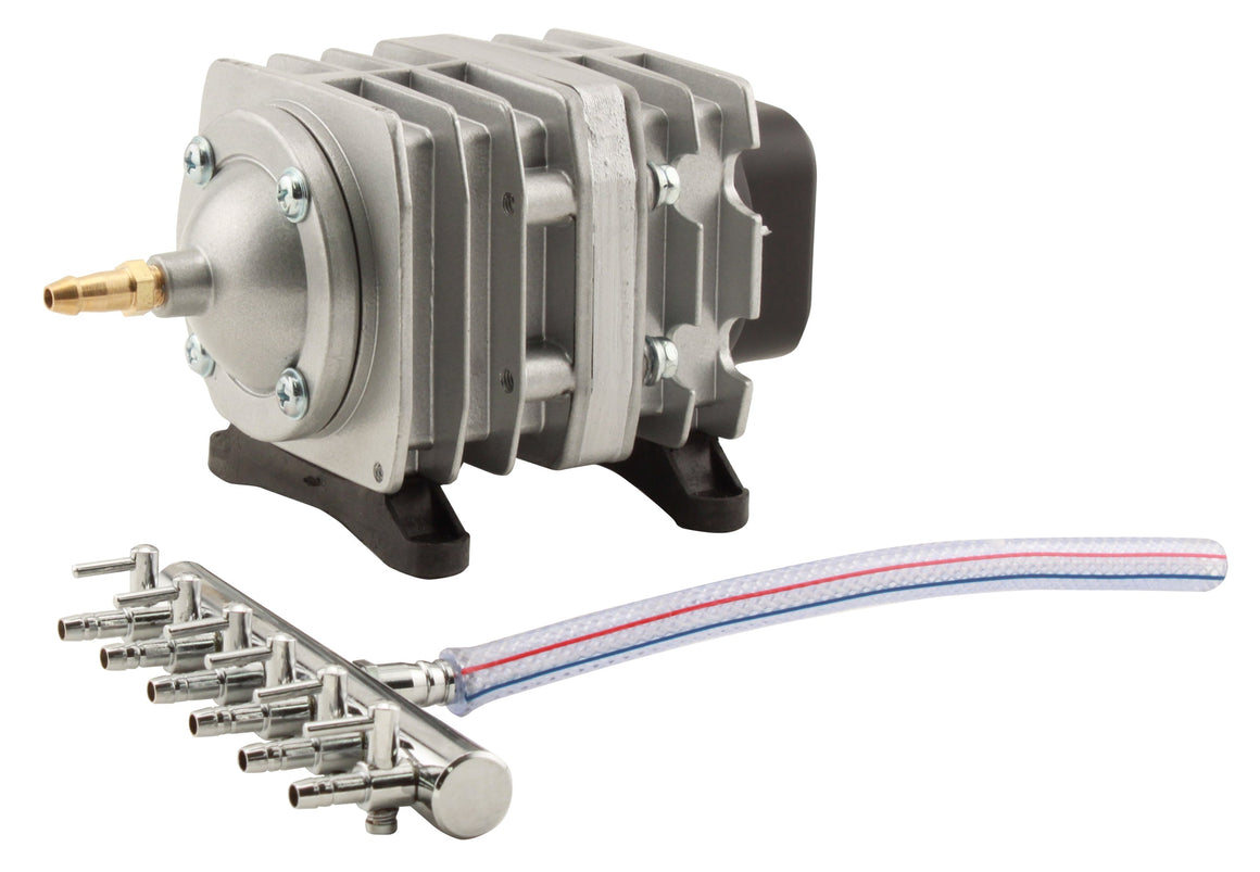 EcoPlus 18W Commercial Air Pump with 6-outlet manifold and flexible tubing.