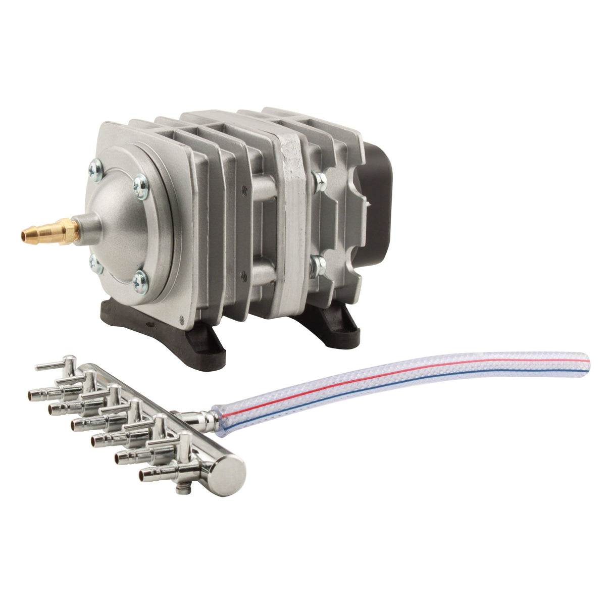 EcoPlus 18W Commercial Air Pump with 6-outlet manifold and flexible tubing.