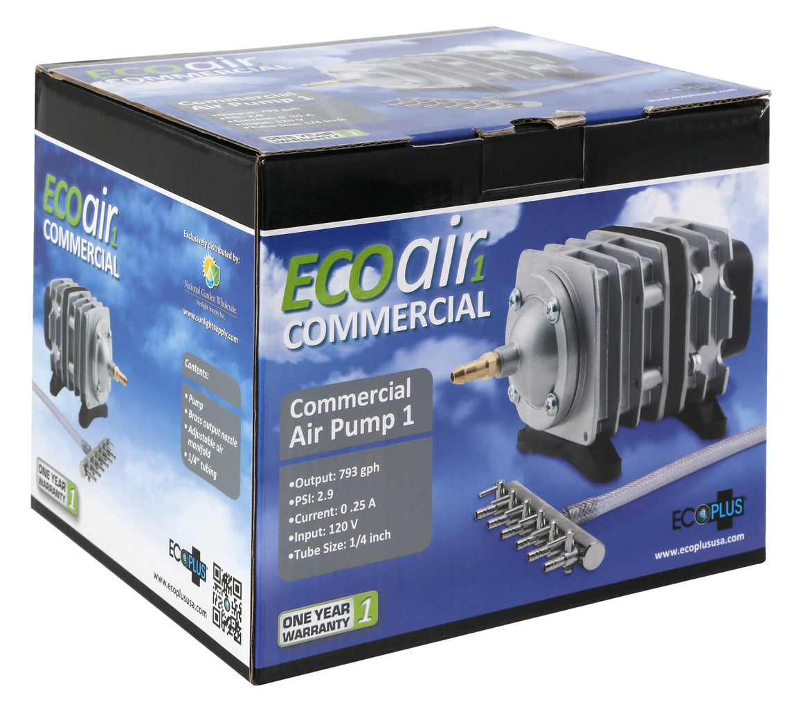 Eco air commercial air pump 1 box. Features air pump, manifold, hose, and specifications.