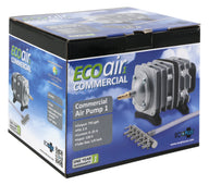 Eco air commercial air pump 1 box. Features air pump, manifold, hose, and specifications.