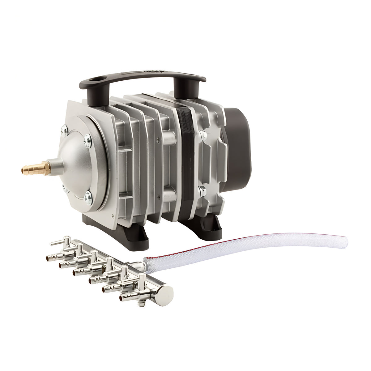 EcoPlus 35W Commercial Air Pump with 6-way air manifold and clear tubing.