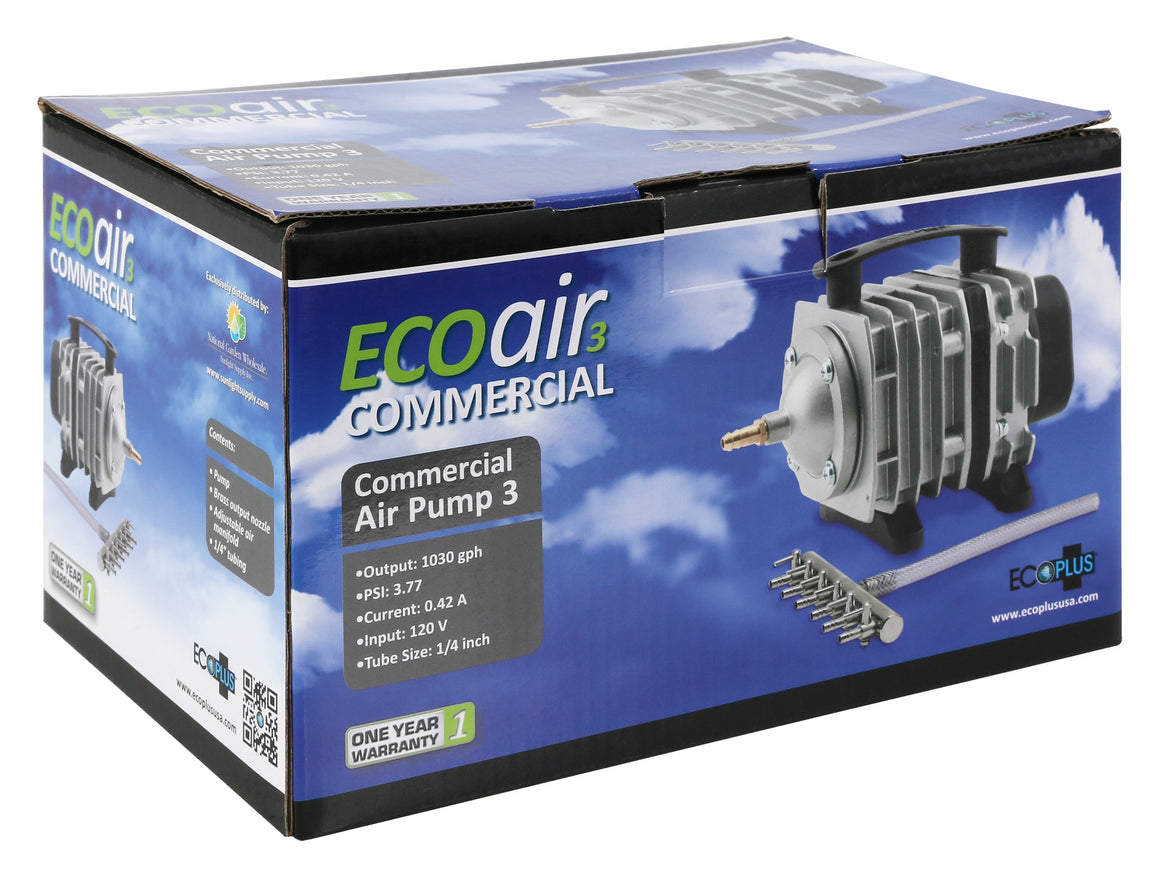 EcoPlus Commercial Air Pump 3 packaging with pump image, specs, and accessories.