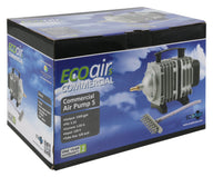 EcoAir Commercial Air Pump 5 box with pump image, specifications, and warranty details.