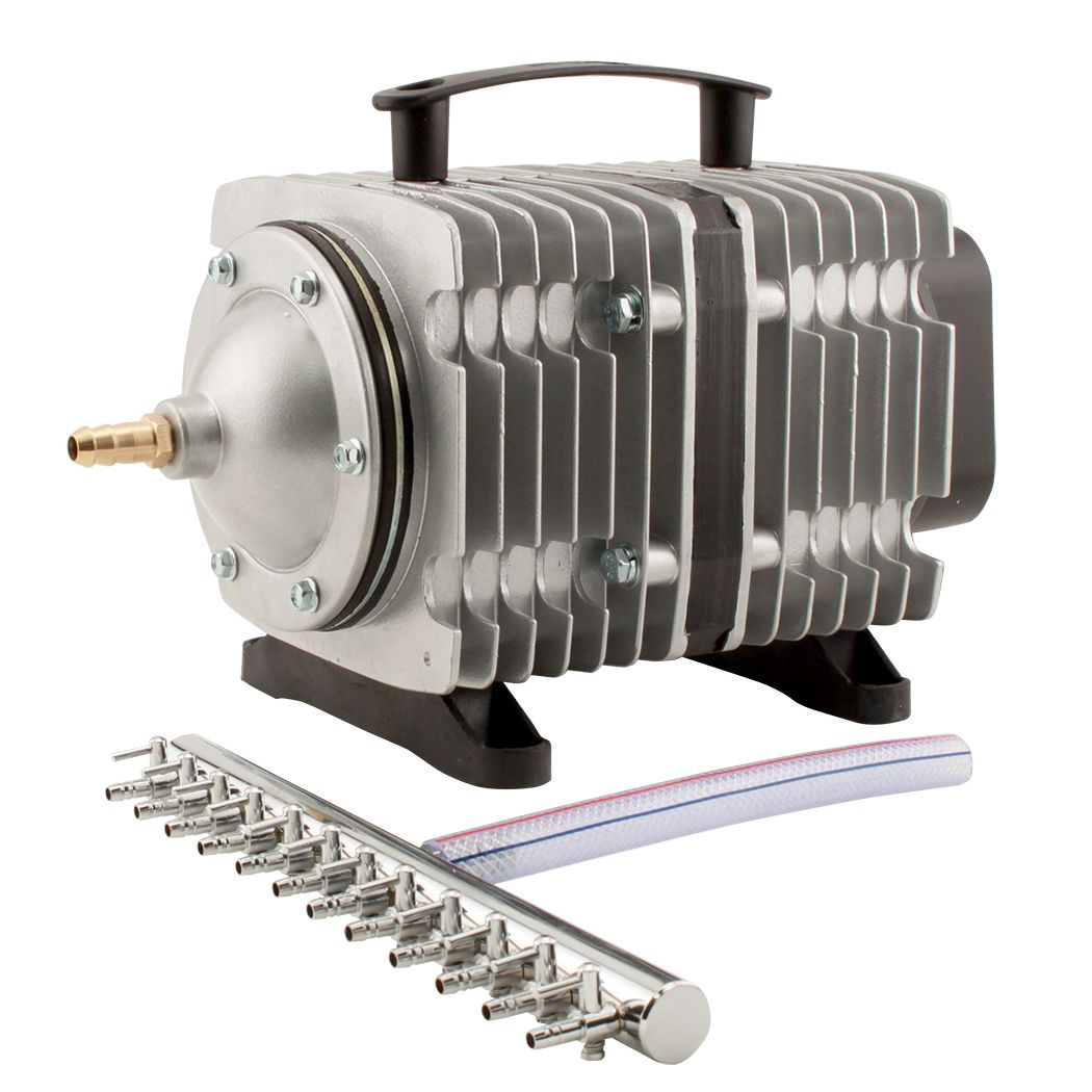 EcoPlus 200W Commercial Air Pump with multi-outlet manifold and hose.