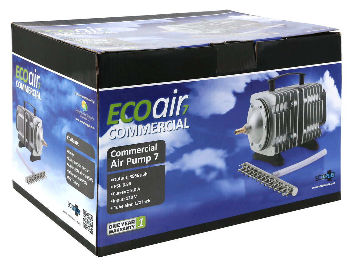 EcoPlus Commercial Air Pump 7 box with pump, manifold, and tubing.