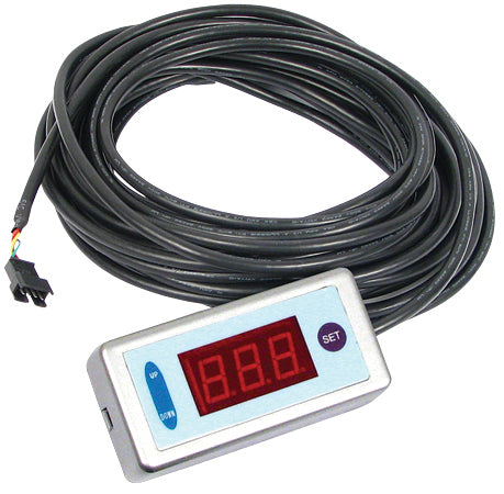 Digital temperature controller with red LED display, UP/DOWN buttons, and SET button.