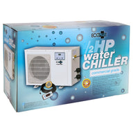 EcoPlus 1/2 HP water chiller box with product imagery, features list, and branding.