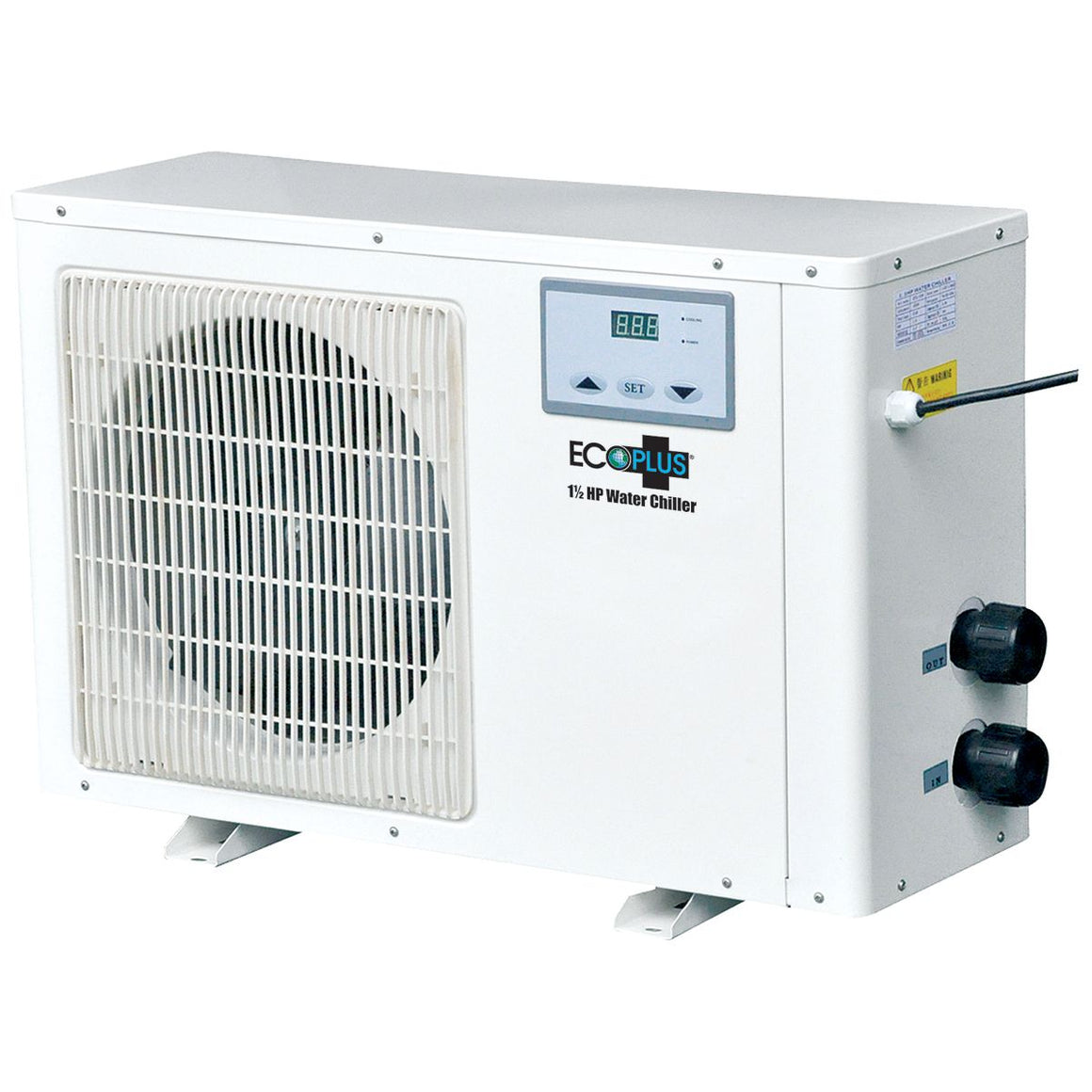 EcoPlus 1.5 HP white commercial water chiller with digital display and fan grill.