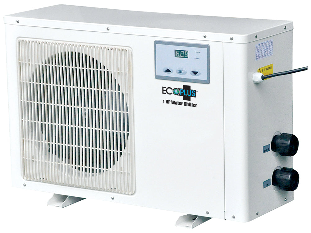 White ECOPLUS 1 HP water chiller with fan, digital display, and inlet/outlet ports.