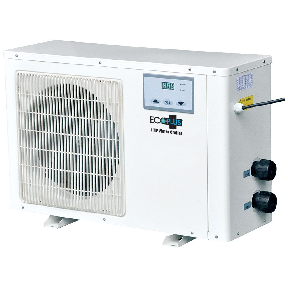 White ECOPLUS 1 HP water chiller with fan, digital display, and inlet/outlet ports.