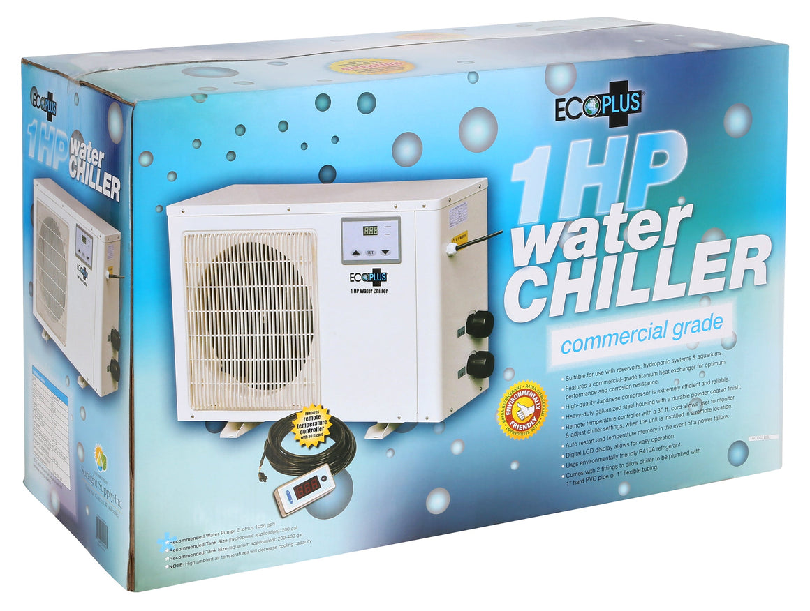 EcoPlus 1 HP water chiller box, featuring a white unit with digital display and "commercial grade" text.