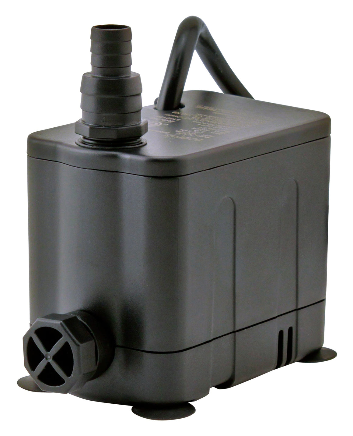 Black EcoPlus submersible water pump with ribbed outlet adapter on top and screened intake.