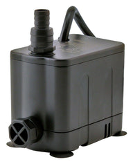 Black EcoPlus submersible water pump with ribbed outlet adapter on top and screened intake.