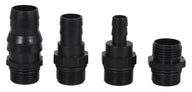 Four black plastic adapters with male threaded ends and barbed hose fittings.