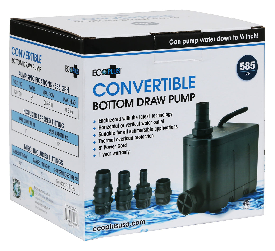 EcoPlus 585 GPH convertible bottom draw water pump on box, includes fittings and specs.