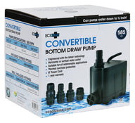 EcoPlus 585 GPH convertible bottom draw water pump on box, includes fittings and specs.