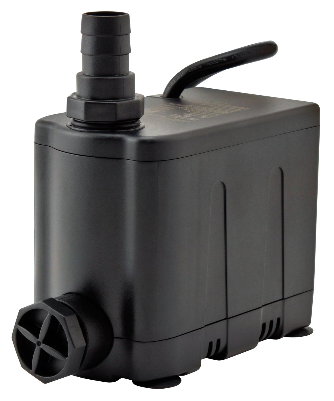 Black submersible water pump with bottom inlet and top outlet, suitable for aquarium or pond.