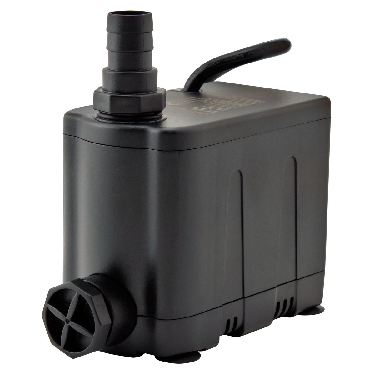 Black submersible water pump with bottom inlet and top outlet, suitable for aquarium or pond.