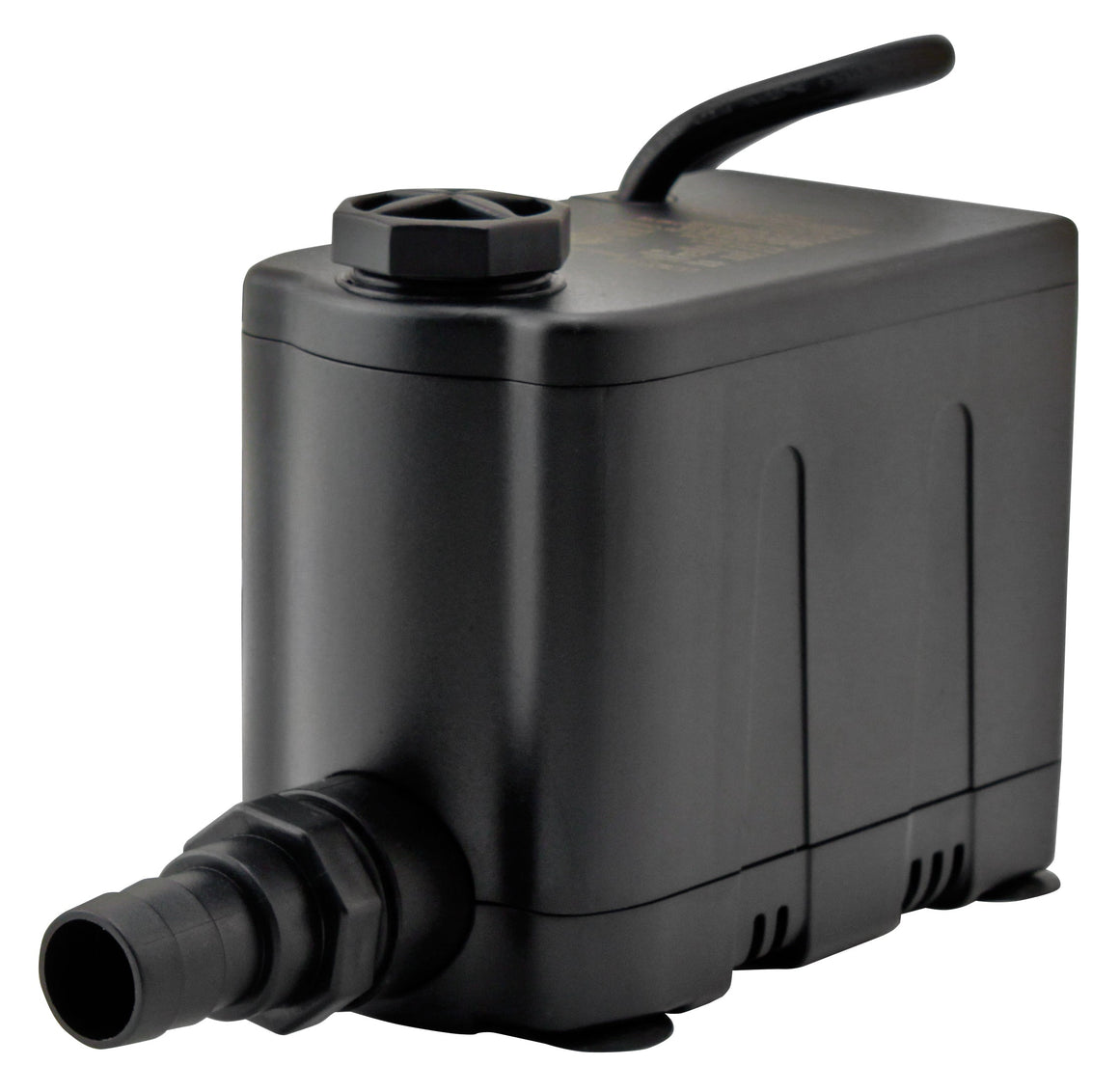 Black EcoPlus convertible bottom-draw water pump with ribbed outlet, on white background.