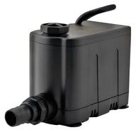 Black EcoPlus convertible bottom-draw water pump with ribbed outlet, on white background.