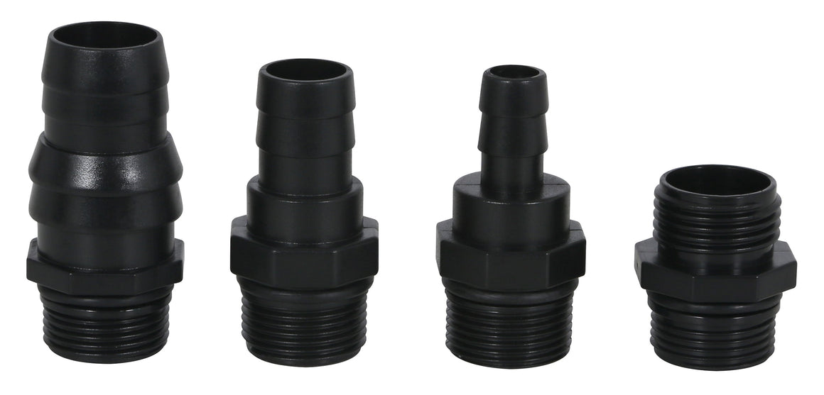 Black plastic hose barb to threaded pipe adapters shown from left to right.