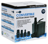 EcoPlus 730 GPH convertible bottom draw water pump box with specs and fittings.