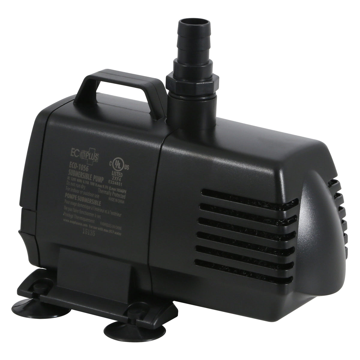 Black EcoPlus submersible pump with handle, hose barb, and suction cups.