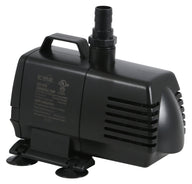 Black EcoPlus submersible pump with handle, hose barb, and suction cups.