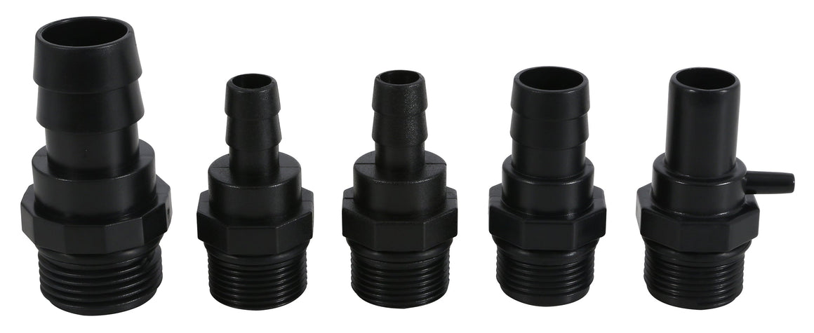 Set of five black plastic pipe fittings with threaded bases and ribbed hose barbs.