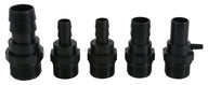 Set of five black plastic pipe fittings with threaded bases and ribbed hose barbs.