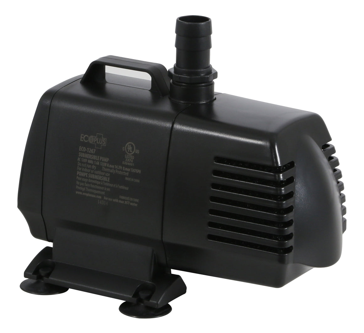 Black EcoPlus ECO-1267 submersible pump with a handle, hose barb, UL listed certification, and suction cups on its base.