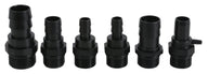 Six black plastic barbed fittings with threaded male ends, arranged horizontally.