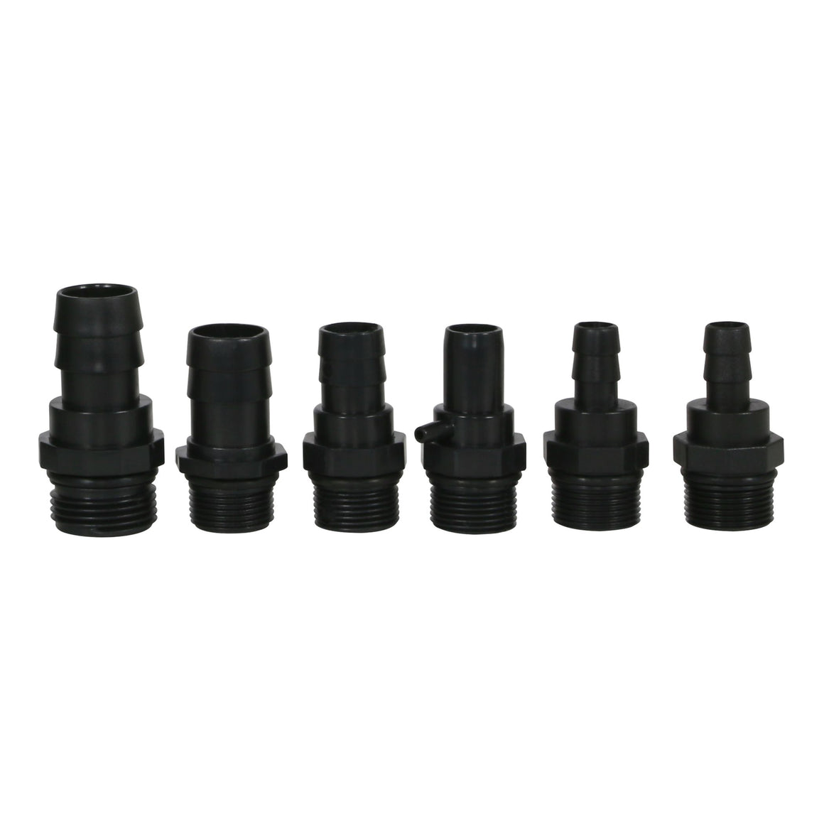 Six black plastic hose adapters with male threaded ends and barbed hose connectors.