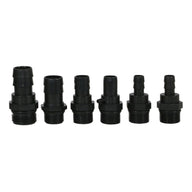 Six black plastic hose adapters with male threaded ends and barbed hose connectors.