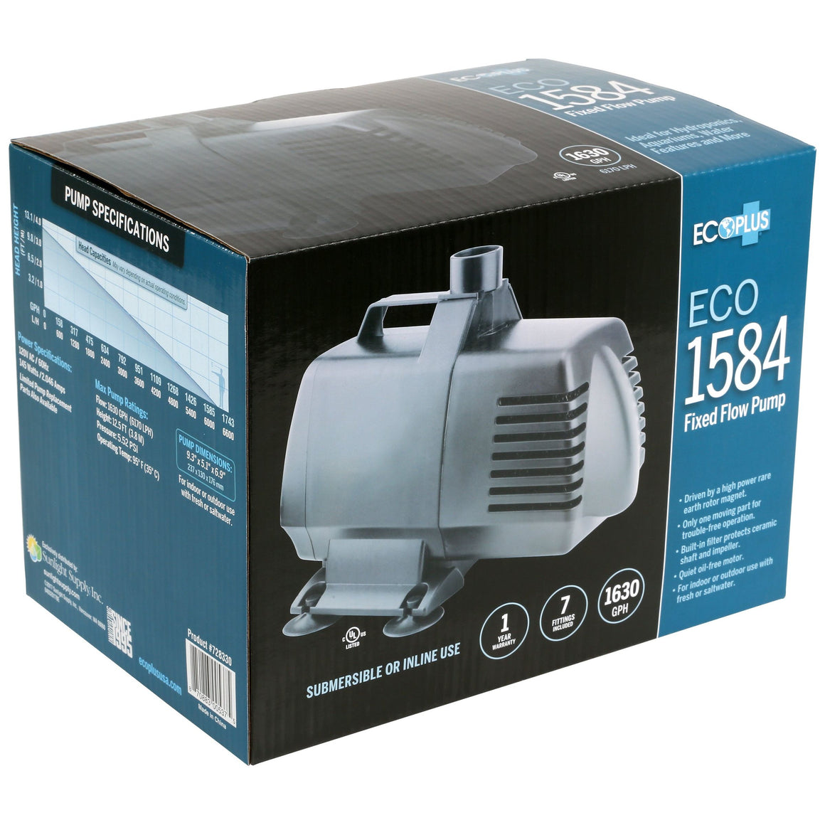 EcoPlus ECO 1584 Fixed Flow Pump packaging, featuring the pump image and specifications like 1630 GPH.