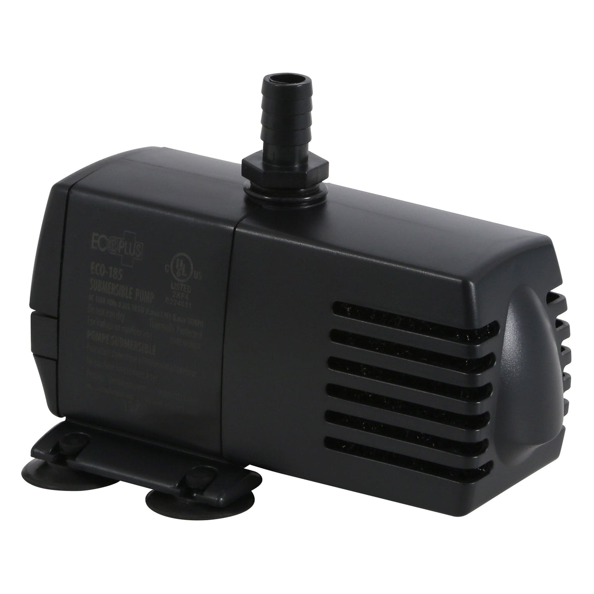 Black ECO-185 submersible water pump with hose barb and suction cup feet, isolated on white.