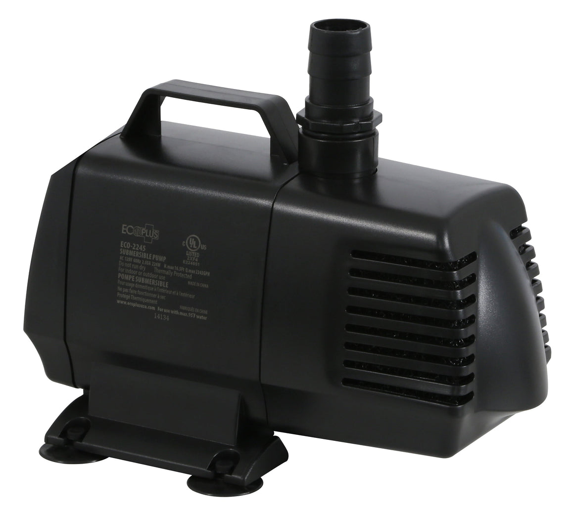 Black EcoPlus ECO-2245 submersible pump with handle, hose adapter, and vents on white background.