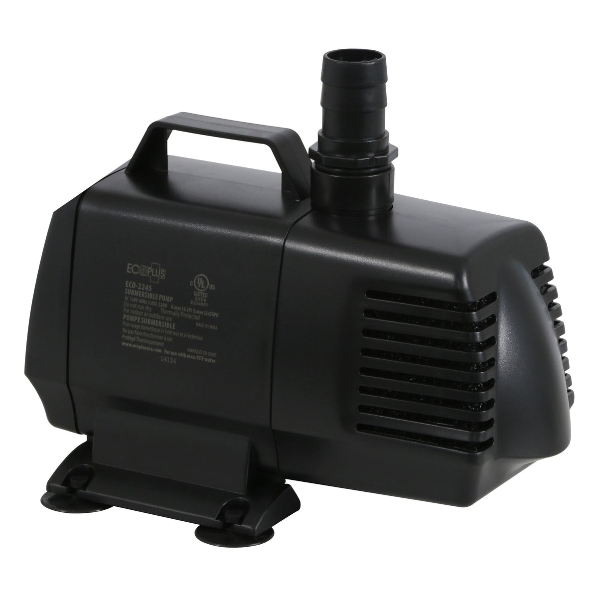 Black EcoPlus ECO-2245 submersible pump with handle, hose adapter, and vents on white background.
