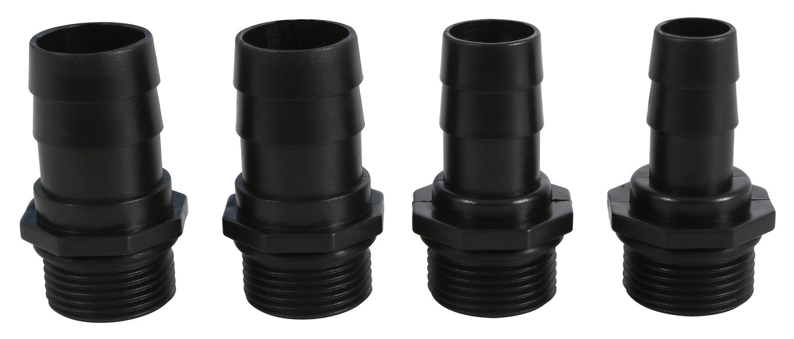 Black plastic hose barb to threaded pipe adapters arranged in a row.
